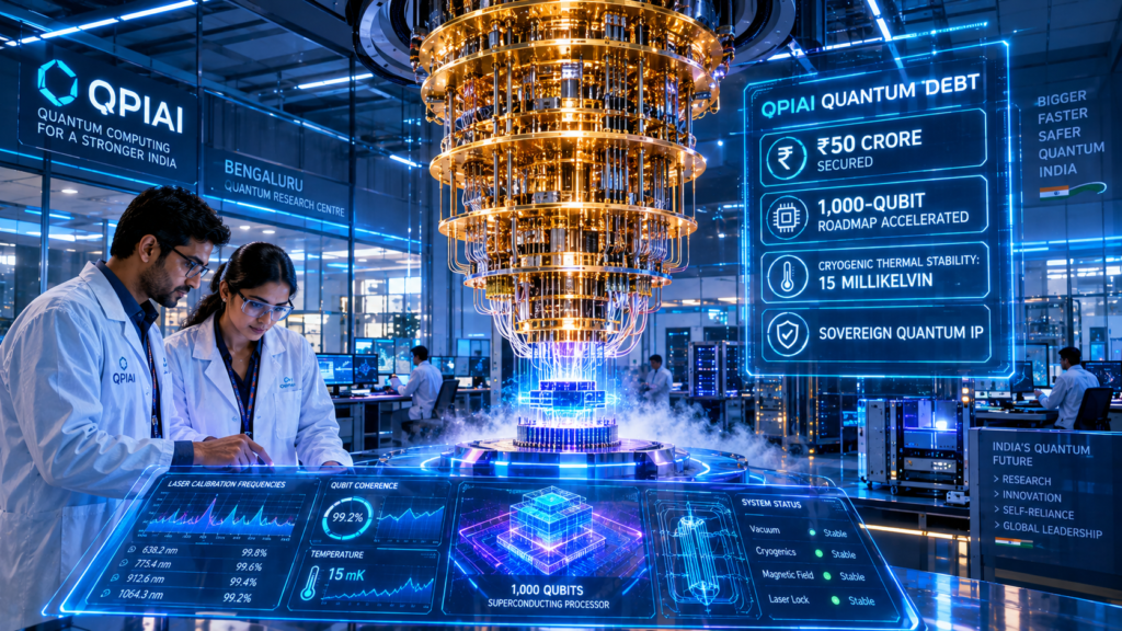 Cryogenic dilution refrigerator inside a laboratory showing QpiAI quantum debt telemetry and superconducting chips