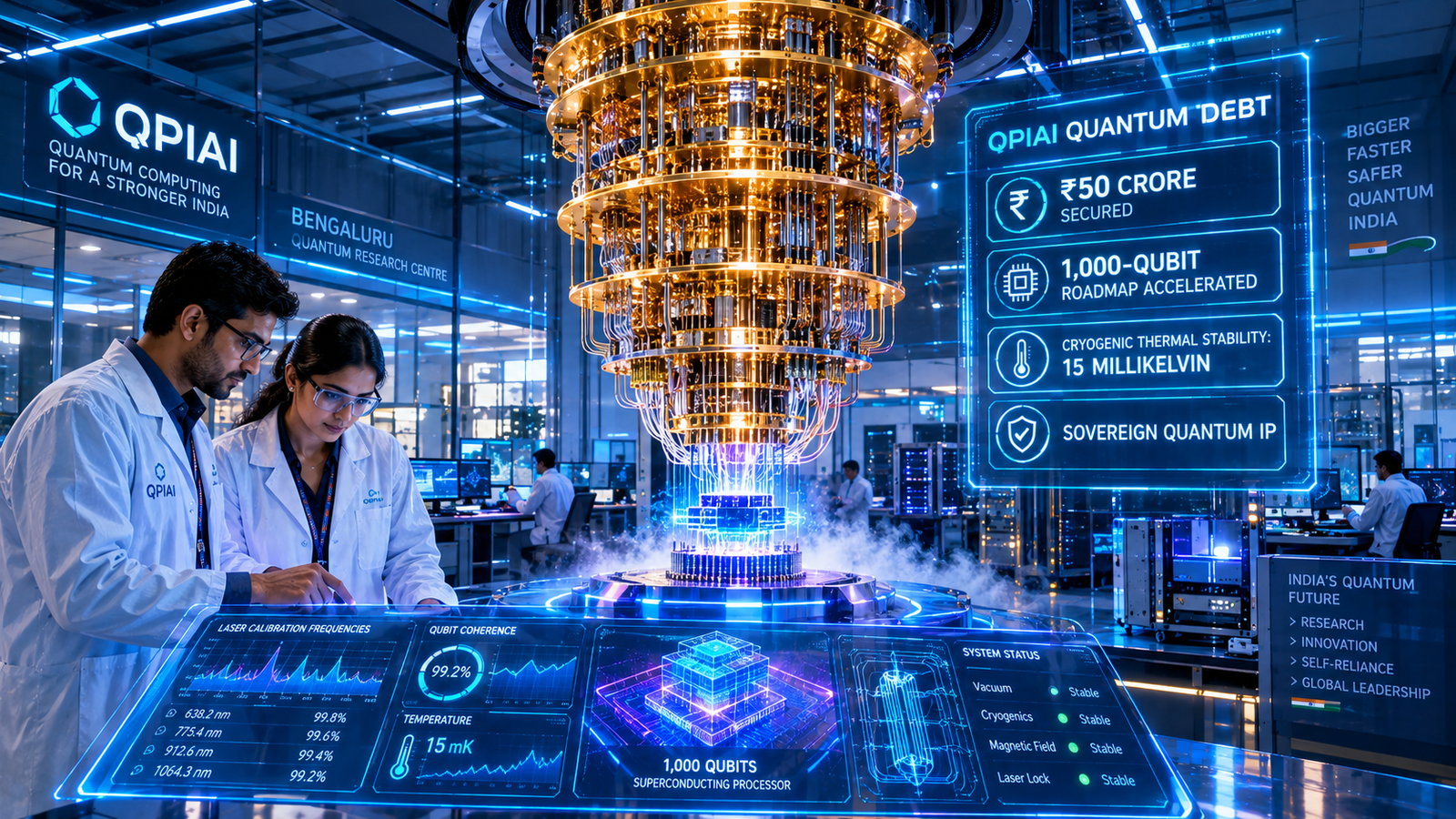 Cryogenic dilution refrigerator inside a laboratory showing QpiAI quantum debt telemetry and superconducting chips
