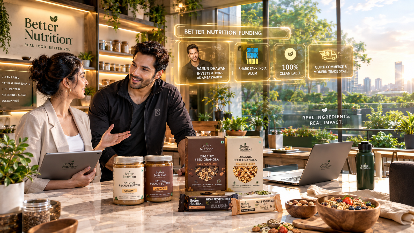 Modern clean-label pantry food packages showing Better Nutrition funding metrics and fitness lifestyle branding