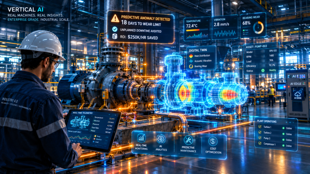 Industrial plant machinery overlaid with predictive maintenance sensor data, thermal diagnostics, and real-time edge AI telemetry