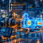 Industrial plant machinery overlaid with predictive maintenance sensor data, thermal diagnostics, and real-time edge AI telemetry
