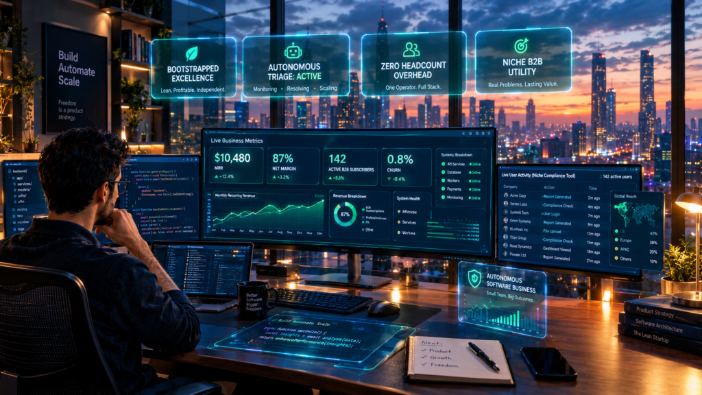 Solo technical entrepreneur in a modern workspace monitoring an automated $10,000 monthly recurring revenue micro-SaaS dashboard