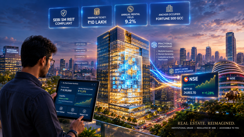 Holographic architectural model of a Grade A commercial tower fractioned into glowing digital shares with rental yield analytics