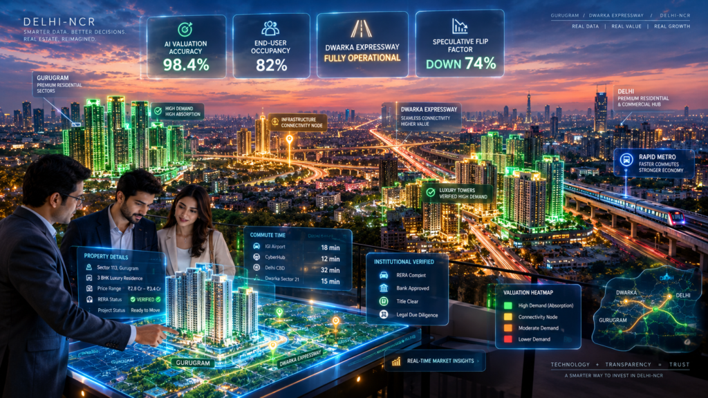 Holographic geospatial map of Delhi-NCR property corridors showing Dwarka Expressway with real-time AI property valuation heatmaps