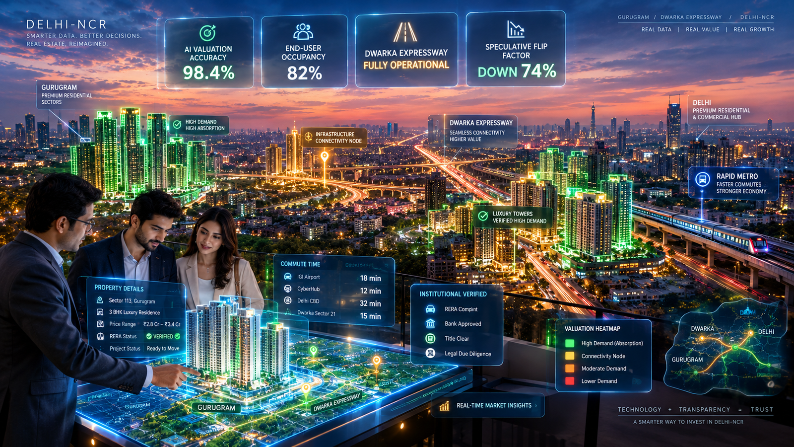 Holographic geospatial map of Delhi-NCR property corridors showing Dwarka Expressway with real-time AI property valuation heatmaps