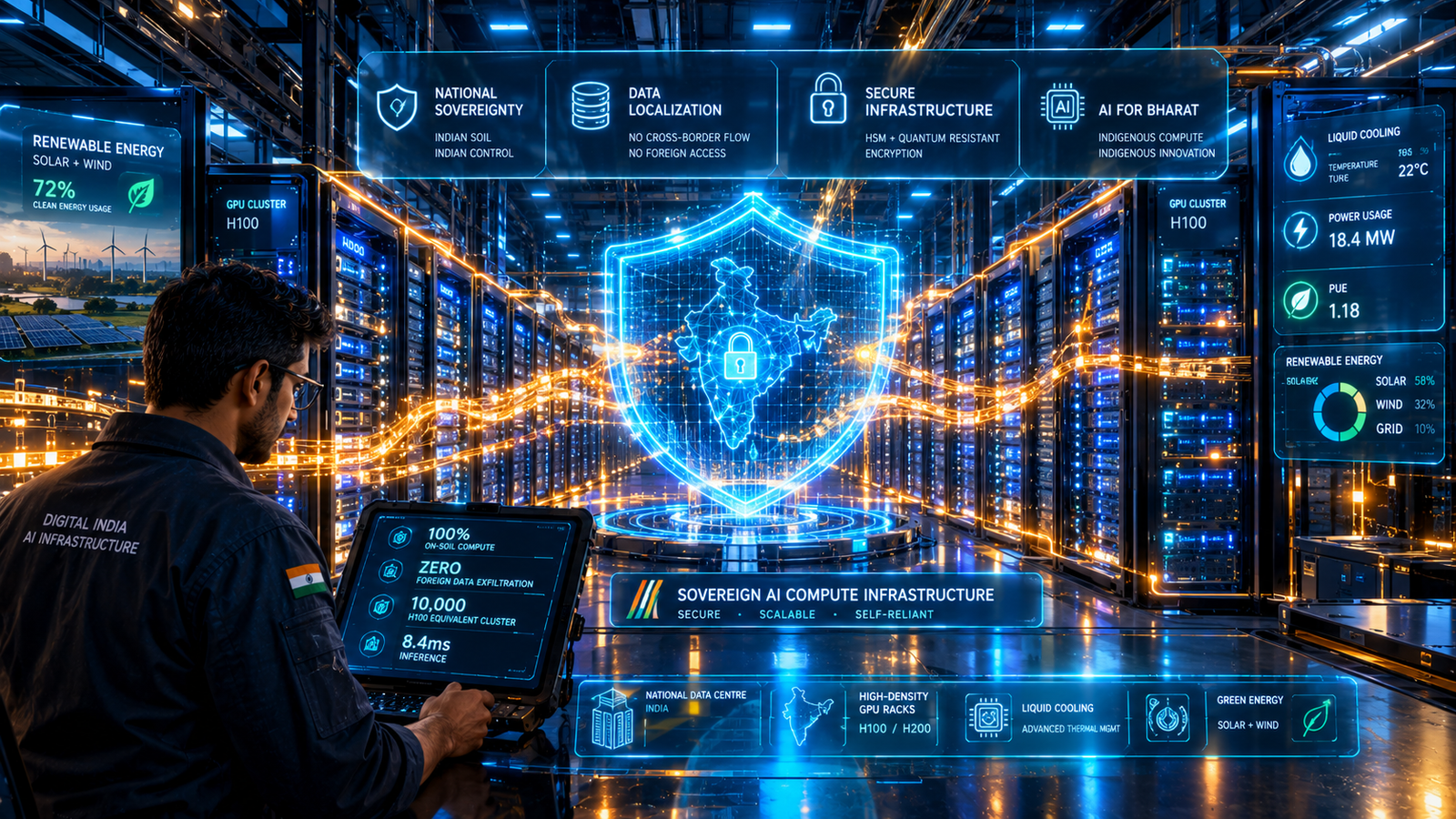 High-density sovereign GPU server cluster illuminated in electric cyan with holographic national data security shields