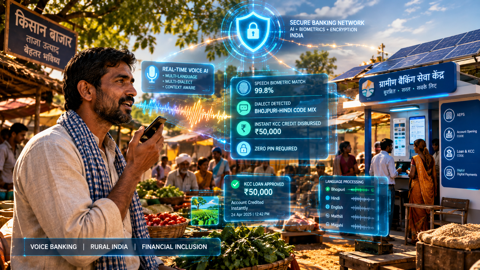 Rural agricultural producer using a smartphone conversational voice banking interface showing multilingual soundwave analytics