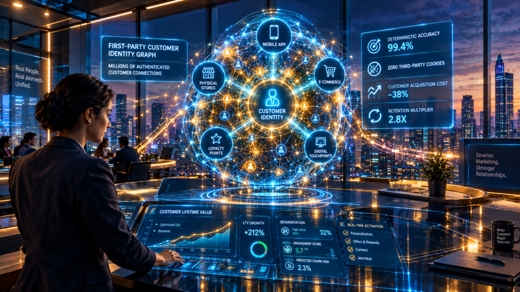 Holographic customer identity network linking omnichannel transaction nodes into a single verified consumer profile graph