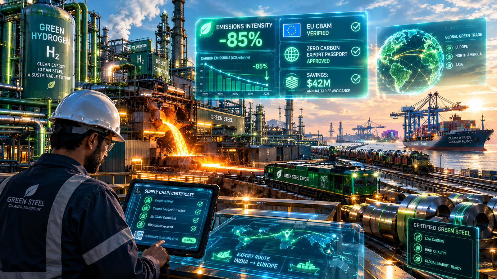 Modern green hydrogen steel manufacturing facility with glowing holographic carbon emission audit metrics and export shipping routes