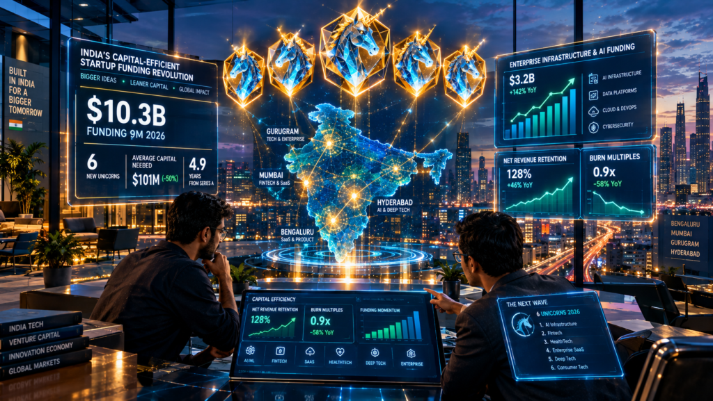Holographic data map of India showing six glowing new tech unicorns reaching billion-dollar scale with 50% less capital