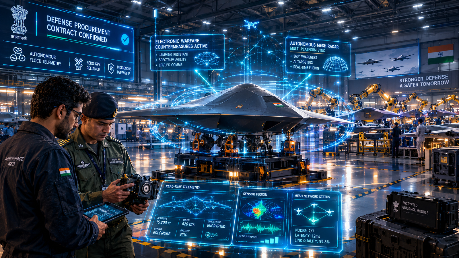 Tactical autonomous military drone with carbon composite fuselage undergoing electronic warfare testing in an aerospace defense hangar