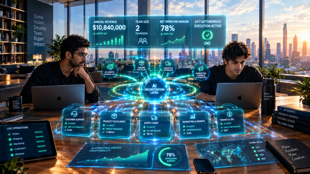 Two tech entrepreneurs in an aesthetic minimalist studio managing an eight-figure automated business empire via glowing holographic interfaces