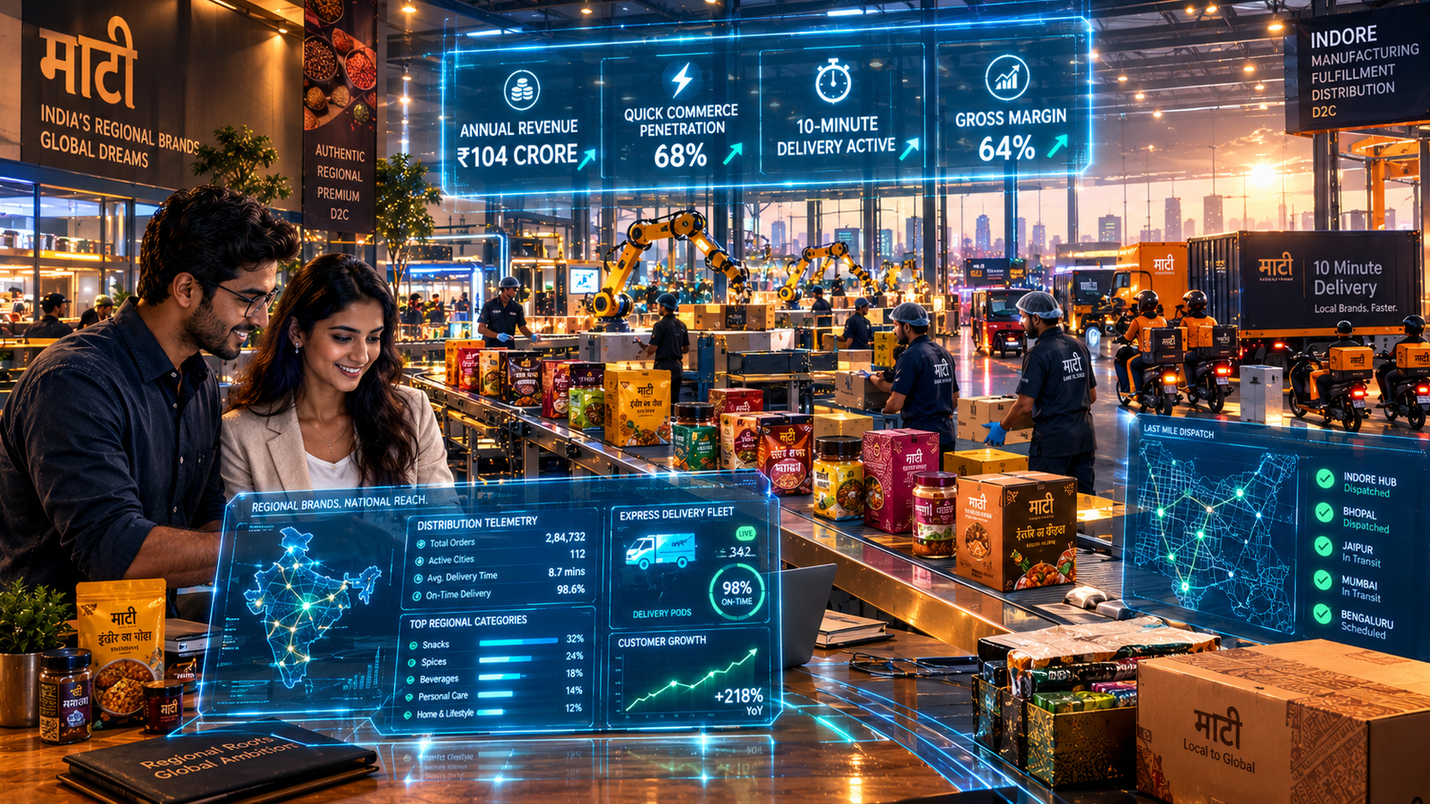 Modern packaging facility for regional Indian D2C products with high-speed automated quick commerce dark store distribution pallets