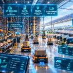 Massive high-ceiling Grade A logistics facility showing autonomous mobile robots and automated vertical racking under solar-powered skylights