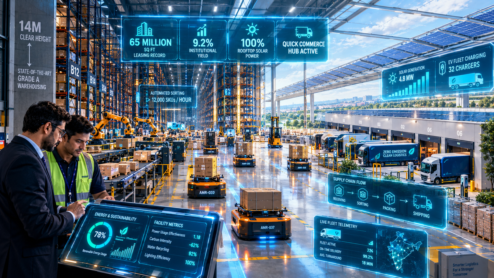 Massive high-ceiling Grade A logistics facility showing autonomous mobile robots and automated vertical racking under solar-powered skylights