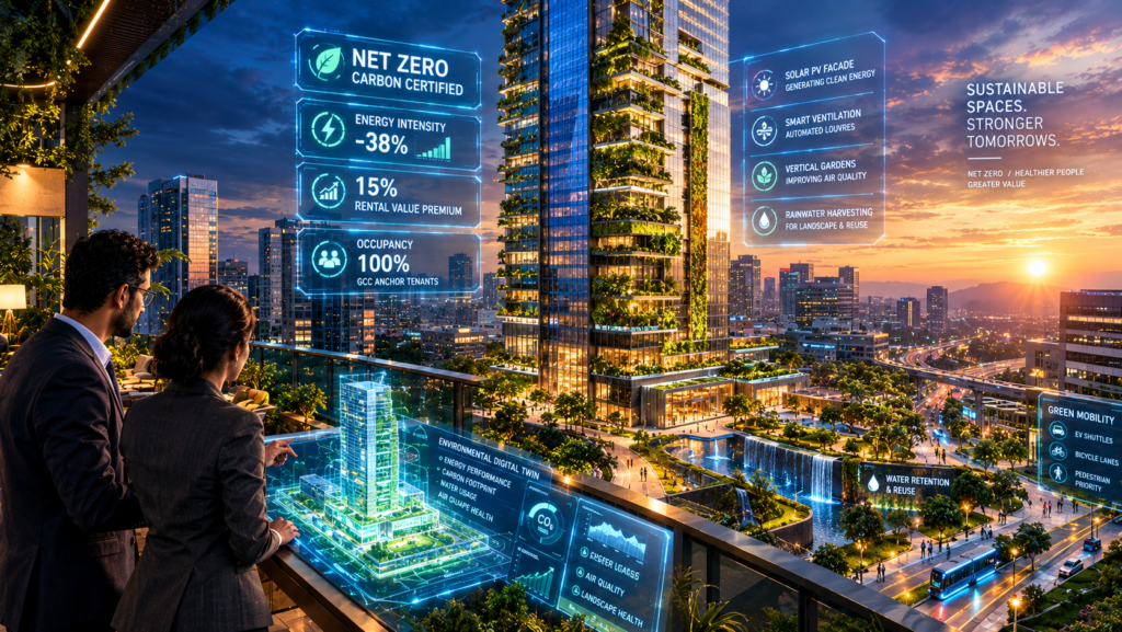 Biophilic net-zero Grade A commercial glass skyscraper featuring vertical green gardens and holographic energy efficiency diagnostics