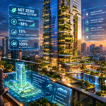 Biophilic net-zero Grade A commercial glass skyscraper featuring vertical green gardens and holographic energy efficiency diagnostics