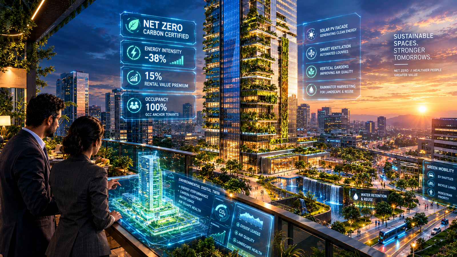 Biophilic net-zero Grade A commercial glass skyscraper featuring vertical green gardens and holographic energy efficiency diagnostics