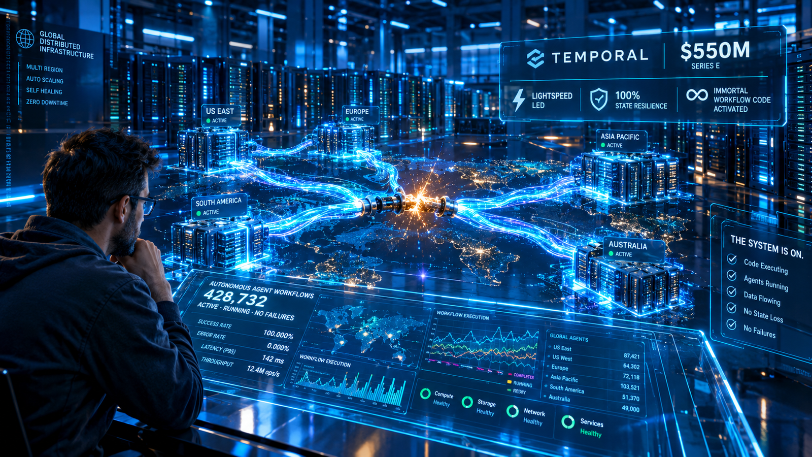 Holographic diagram of resilient, immortal software code resuming seamlessly across distributed cloud servers after a network failure