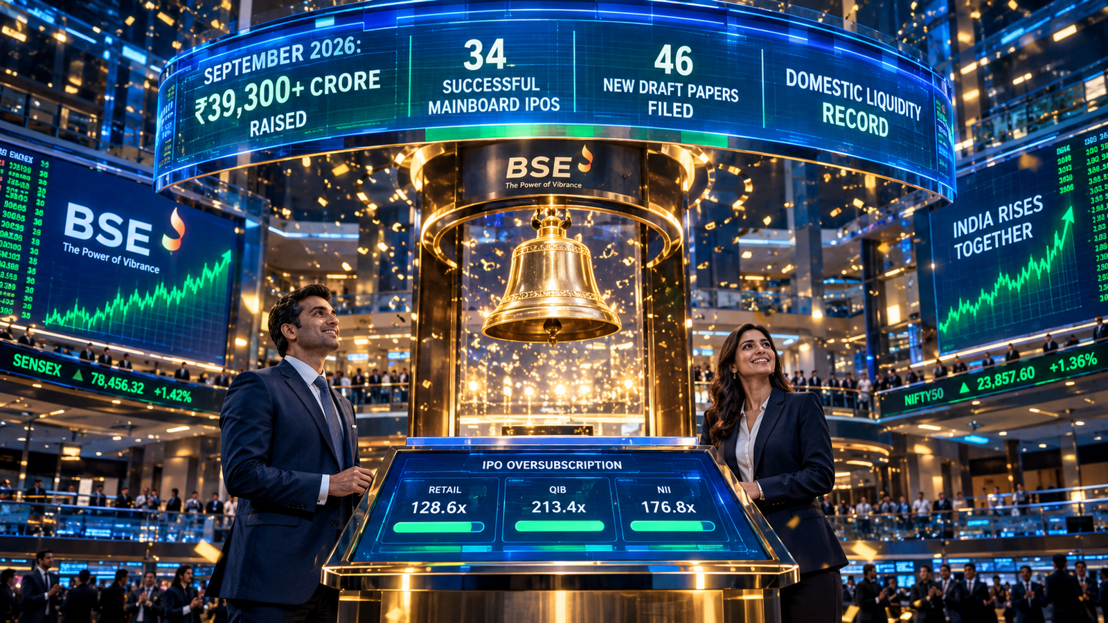 Vibrant Mumbai stock exchange floor with a golden ceremonial listing bell and holographic displays showing ₹39,300 crore capital raised