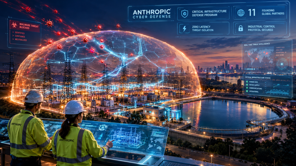 Holographic cybersecurity shield powered by Anthropic cyber defense models protecting an electrical power grid substation