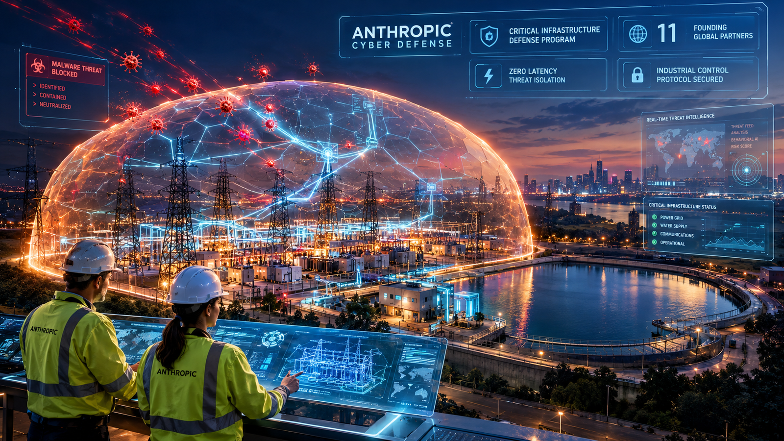 Holographic cybersecurity shield powered by Anthropic cyber defense models protecting an electrical power grid substation