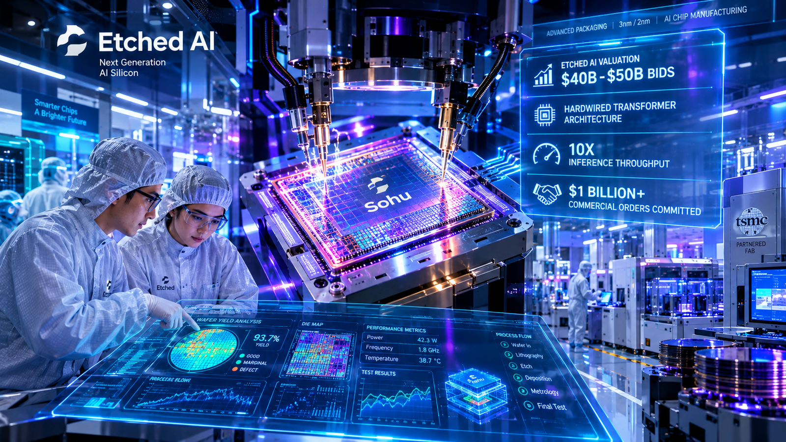 Specialized Etched transformer silicon chip die displaying Etched AI valuation metrics in violet and electric cyan