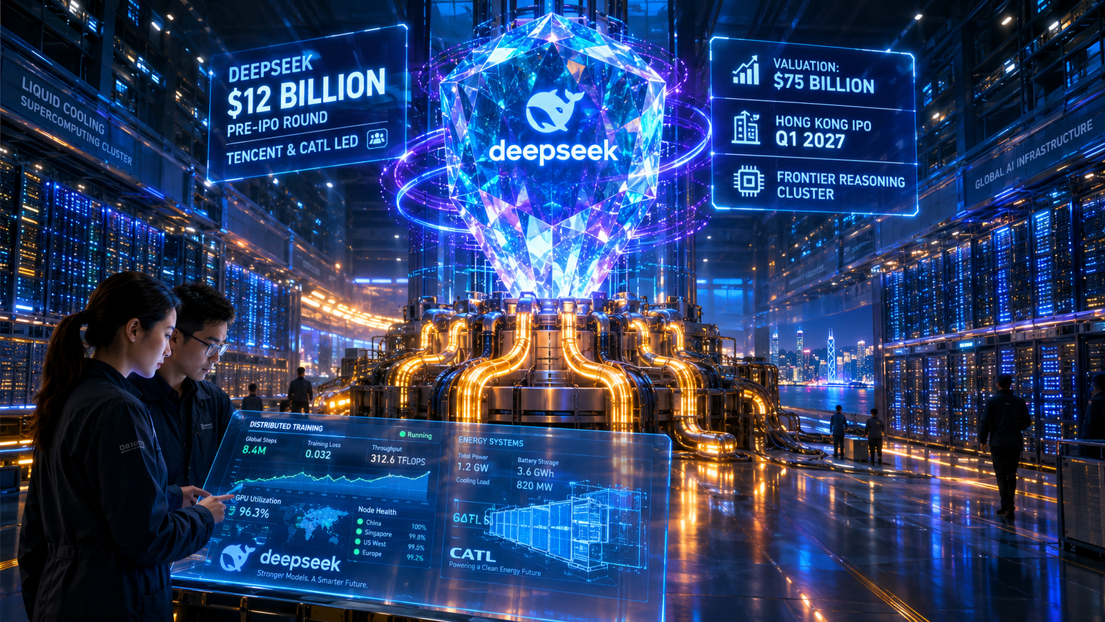 Immense glowing crystalline AI neural core powered by battery grid storage conduits and corporate funding streams