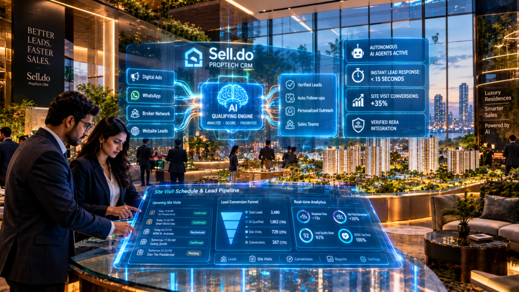 Modern real estate developer sales lounge showing Sell.do PropTech CRM holographic analytics automating lead calls and booking site visits