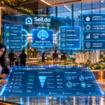 Modern real estate developer sales lounge showing Sell.do PropTech CRM holographic analytics automating lead calls and booking site visits