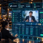 Holographic candidate sales pitch evaluation interface showing objection-handling scores and closing aptitude metrics