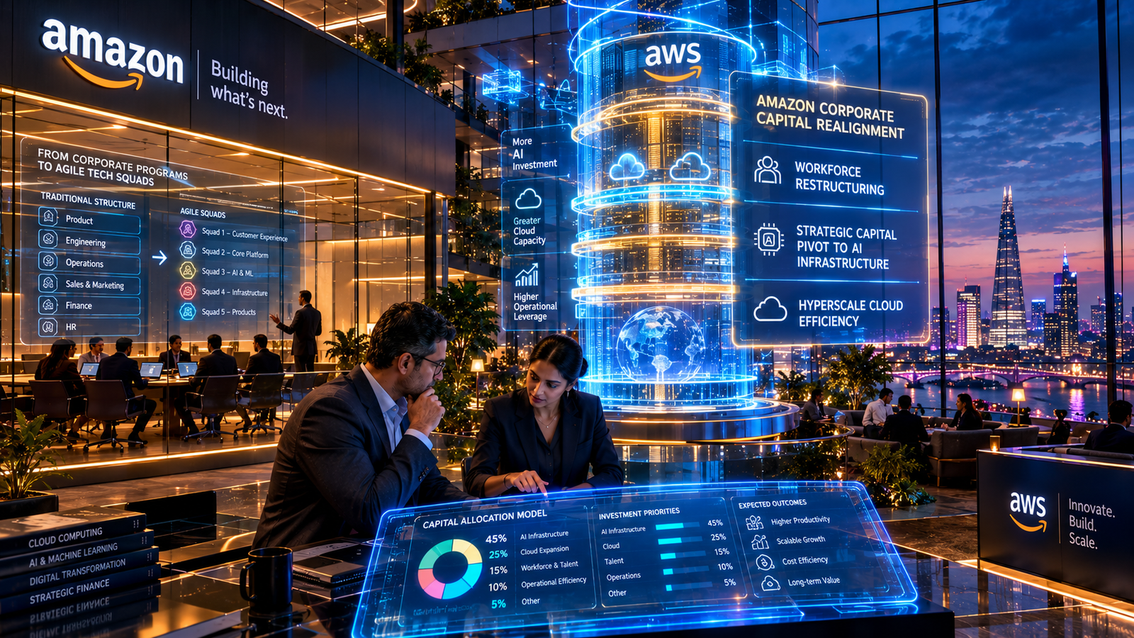 Corporate tech headquarters atrium showing Amazon corporate layoffs balanced against soaring holographic AI cloud computing metrics