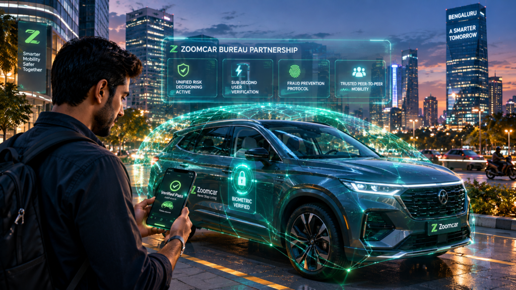 Modern connected car on an urban street with holographic biometric shields displaying the Zoomcar Bureau partnership security verification