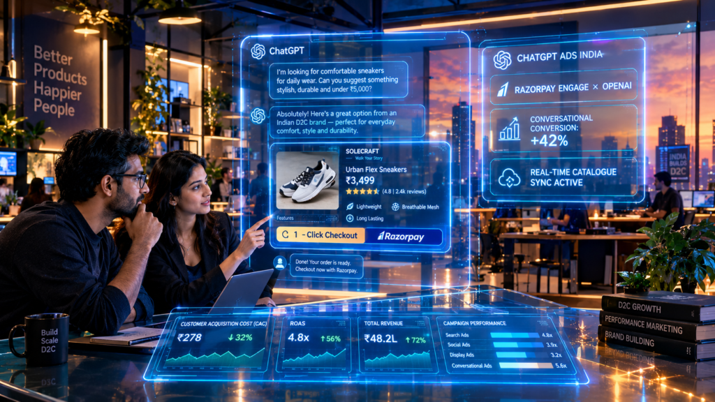Holographic chat query showing ChatGPT ads India product recommendations with Razorpay Engage checkout metrics