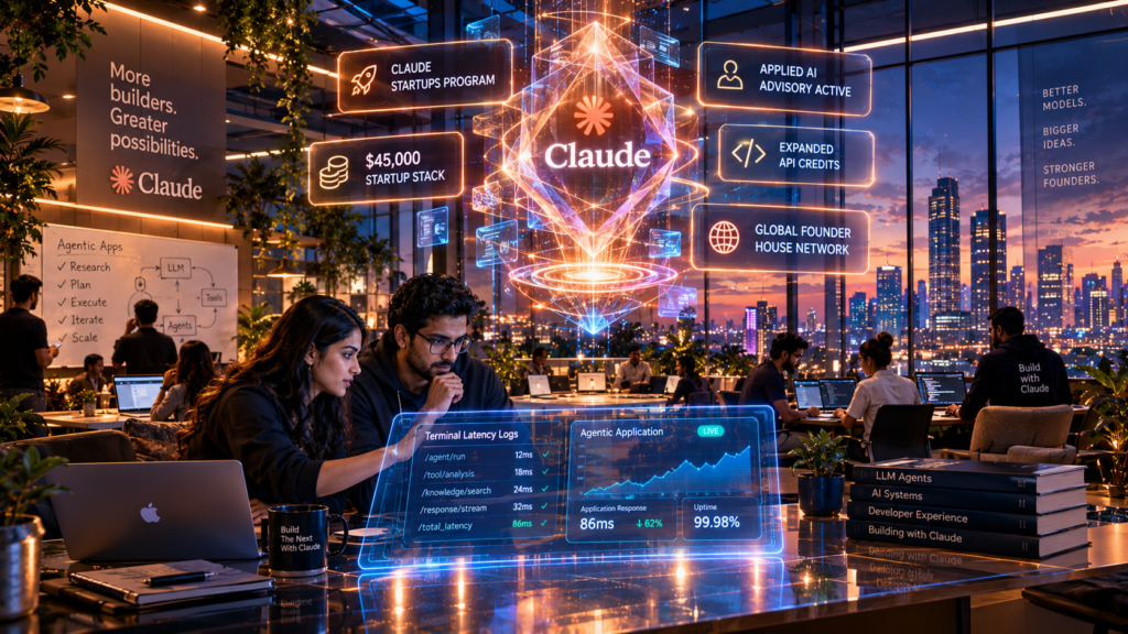 Young AI software founders collaborating inside a modern studio illuminated by the glowing Claude Startups program holographic stack