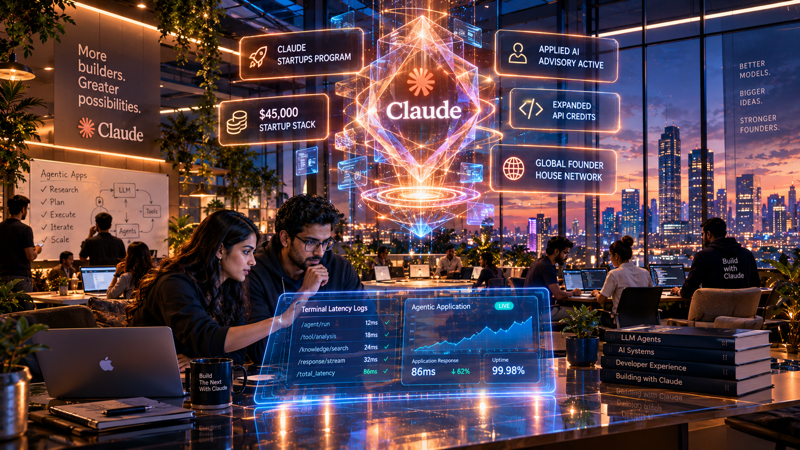 Young AI software founders collaborating inside a modern studio illuminated by the glowing Claude Startups program holographic stack