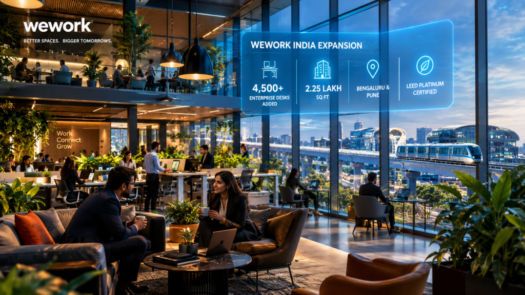 Modern luxury glass commercial office atrium with enterprise desks, metro connectivity, and glowing LEED Platinum environmental metrics