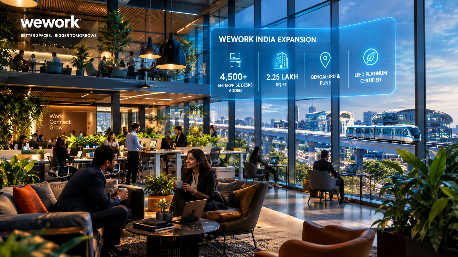 Modern luxury glass commercial office atrium with enterprise desks, metro connectivity, and glowing LEED Platinum environmental metrics