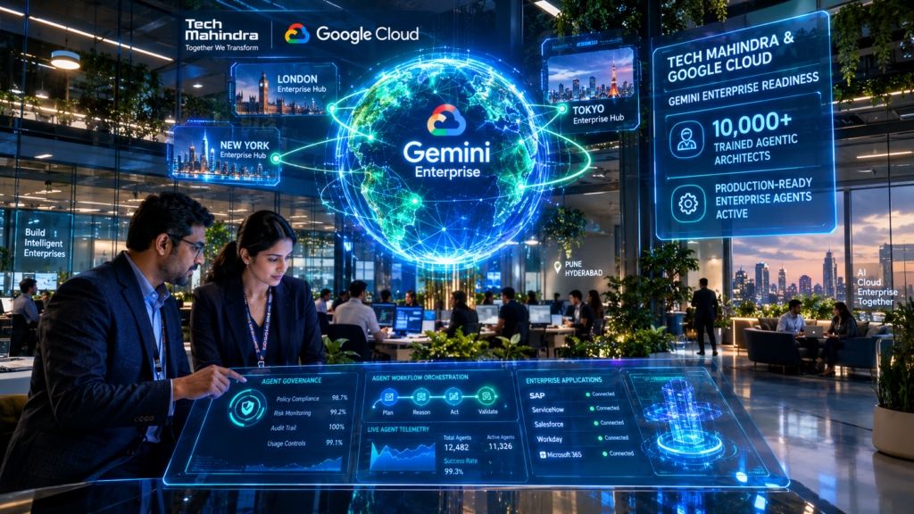Global enterprise command center with Indian IT engineers deploying Google Cloud Gemini Enterprise agents across worldwide networks