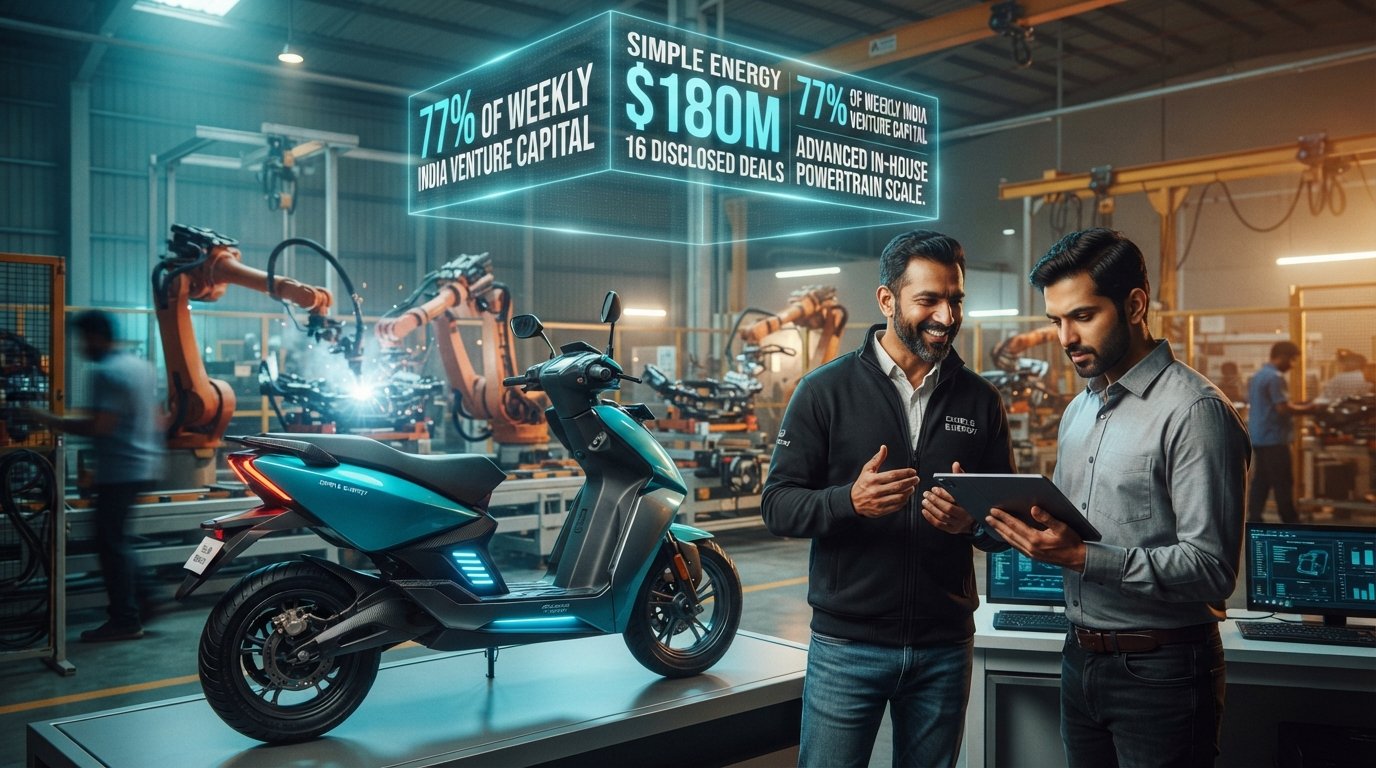 Futuristic electric scooter in aerodynamic livery on a high-tech robotic assembly line with holographic funding metrics