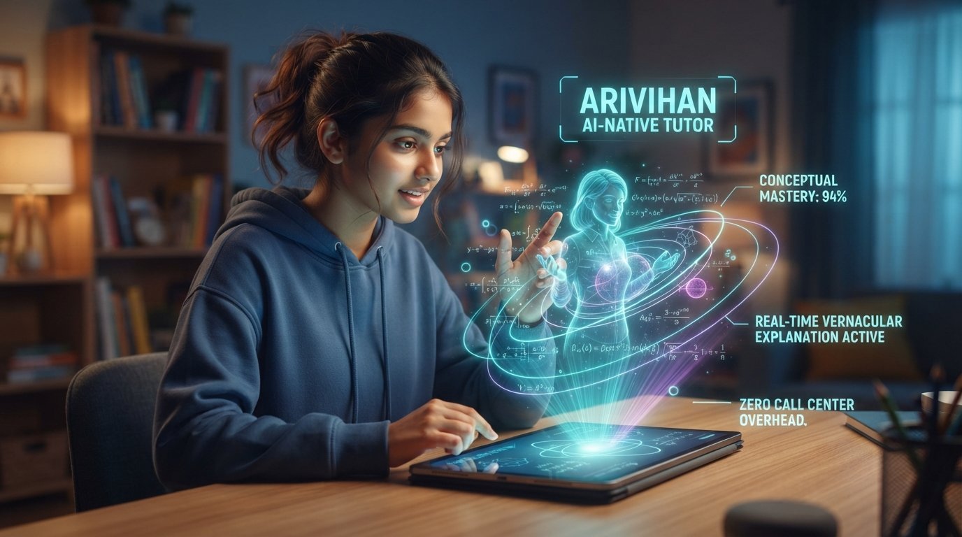 Indian student interacting with an intelligent holographic AI tutor that generates dynamic 3D physics formulas and custom learning paths