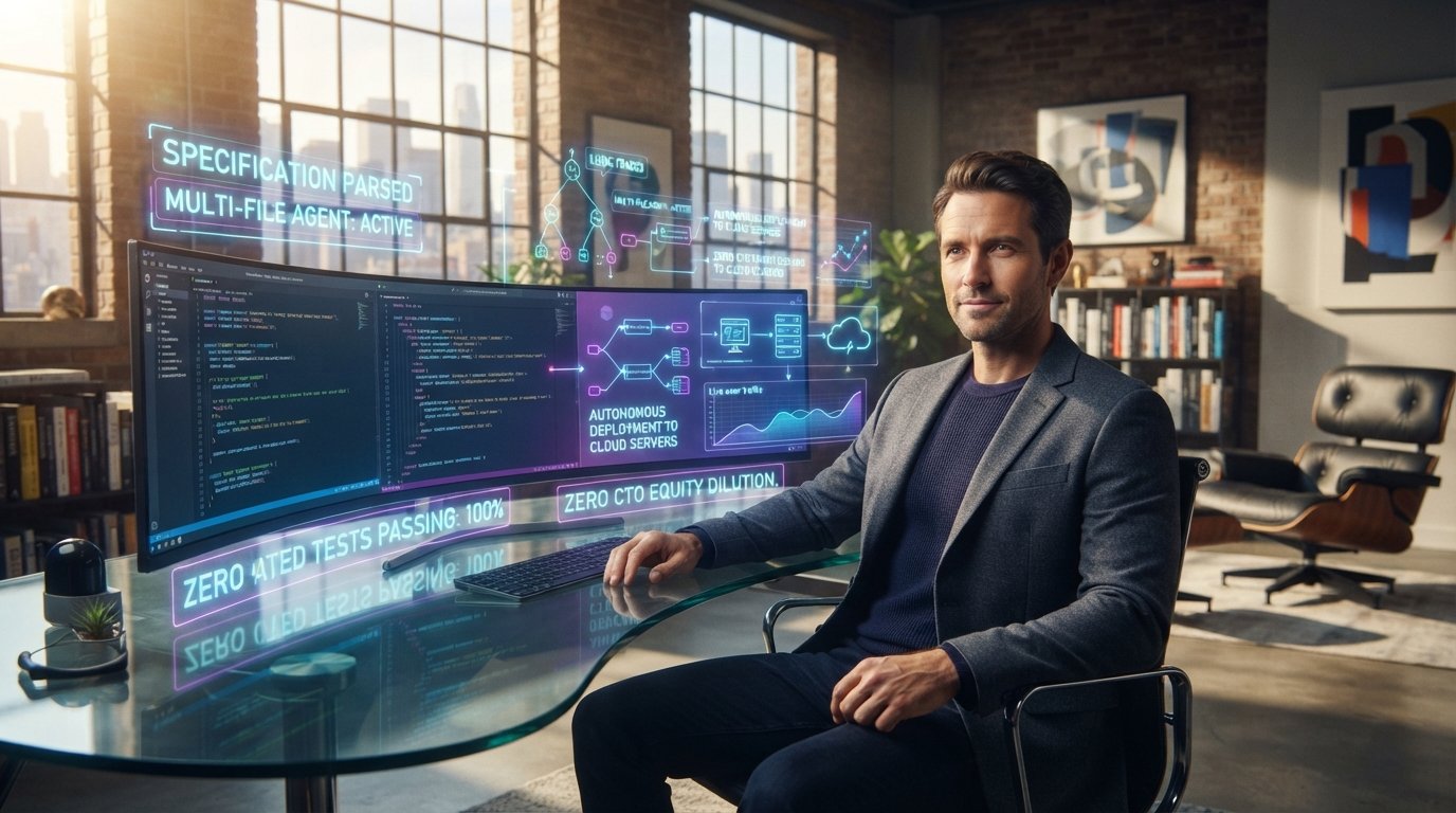 Business founder speaking natural language prompts into an interactive glass console as autonomous AI agents write and compile production code