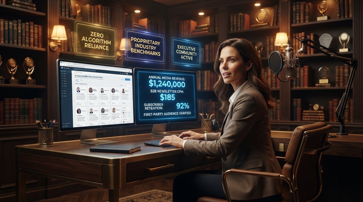 Independent media publisher analyzing high-value B2B newsletter analytics and private executive community networks on a sleek modern workstation