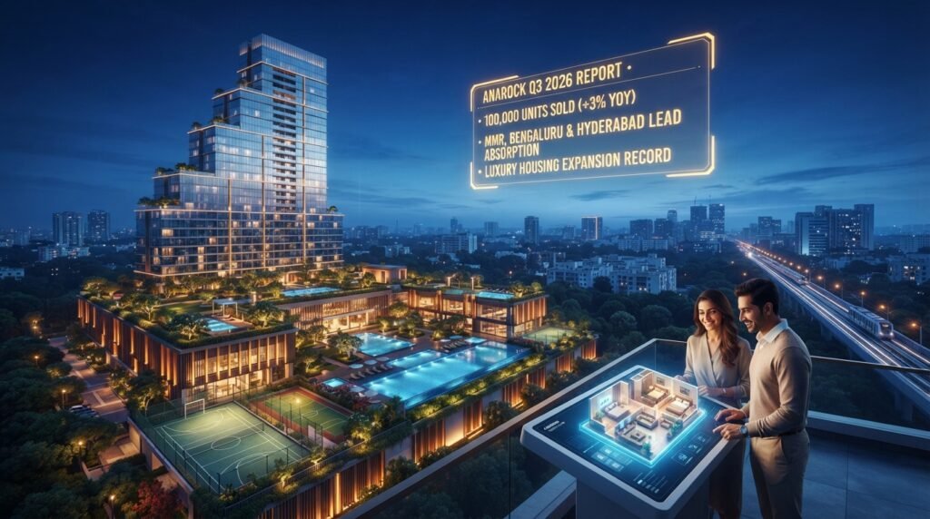 Holographic architectural model of luxury residential gated towers across MMR, Bengaluru, and Hyderabad with Q3 sales analytics