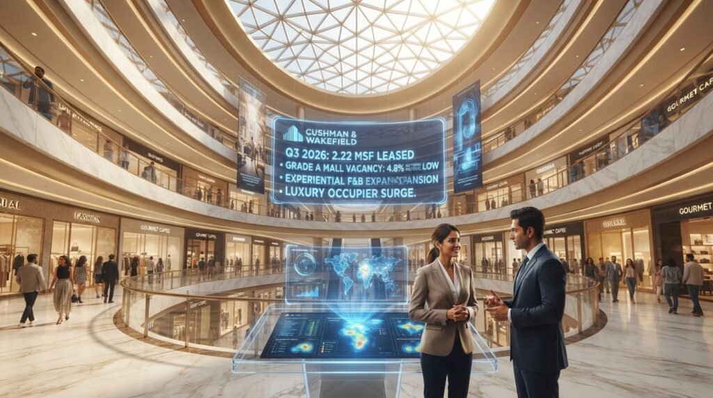Luxurious multi-level architectural atrium of a Grade A Indian shopping mall showing experiential dining, luxury boutiques, and low vacancy analytics