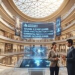 Luxurious multi-level architectural atrium of a Grade A Indian shopping mall showing experiential dining, luxury boutiques, and low vacancy analytics