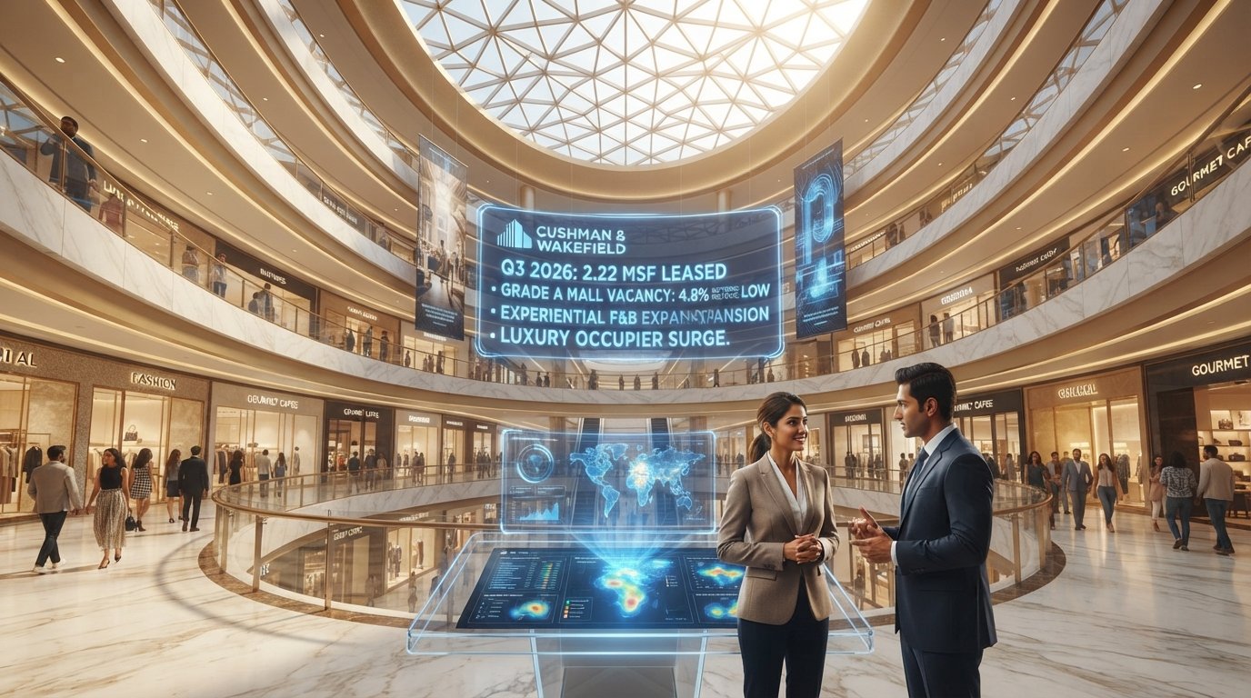 Luxurious multi-level architectural atrium of a Grade A Indian shopping mall showing experiential dining, luxury boutiques, and low vacancy analytics
