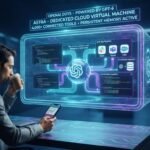 Holographic OpenAI Dot agent operating inside an isolated cloud computer terminal orchestrating multi-app enterprise workflows