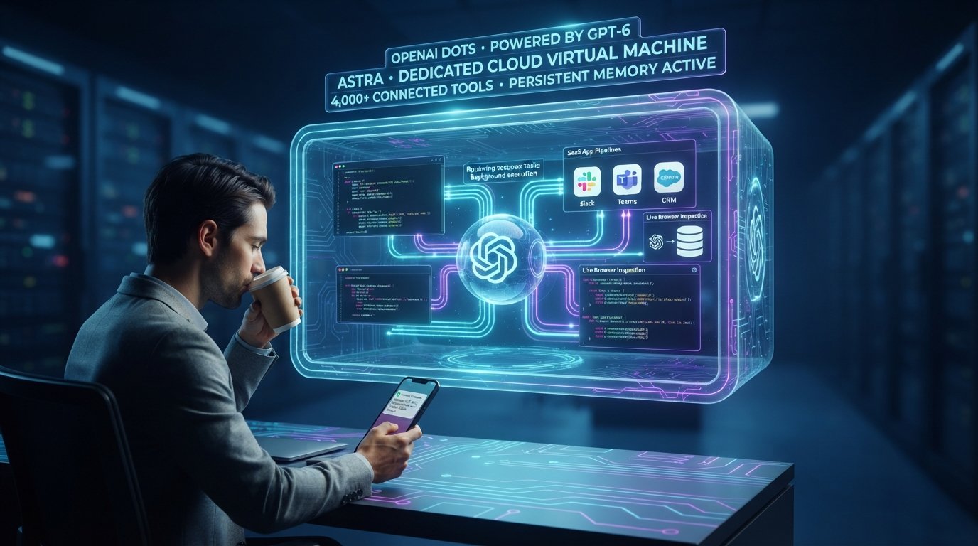Holographic OpenAI Dot agent operating inside an isolated cloud computer terminal orchestrating multi-app enterprise workflows