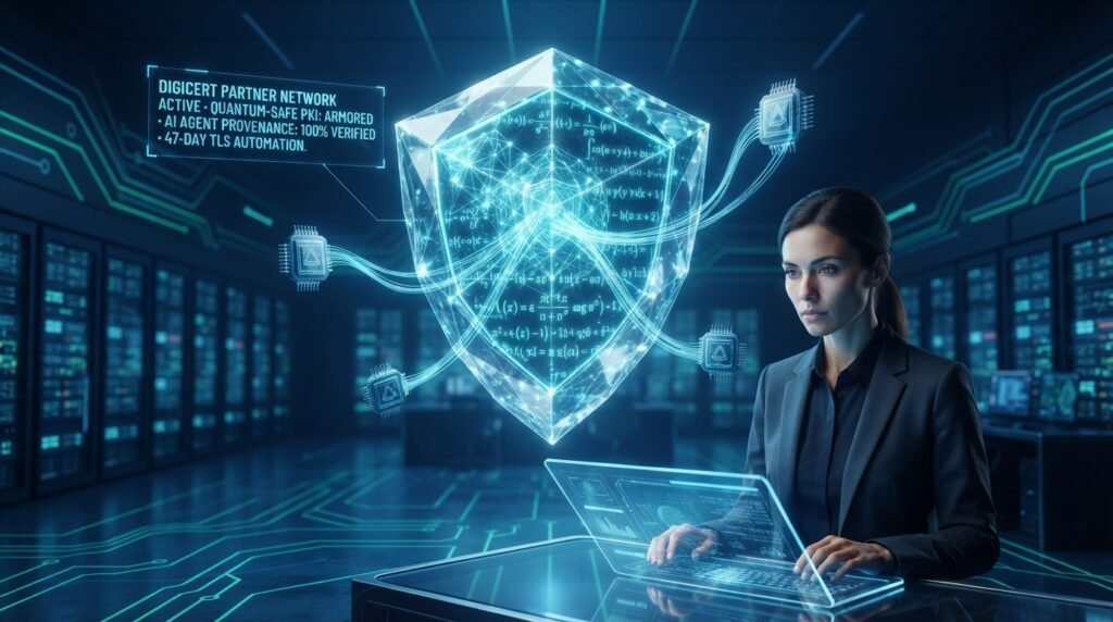 Quantum cryptography shield protecting autonomous AI neural networks with glowing post-quantum algorithm matrices